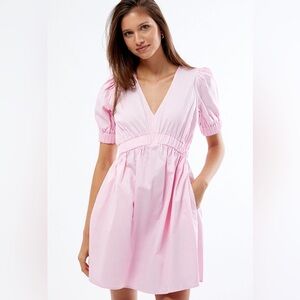MINKPINK Lora Pink Puff Sleeve V-Neck Mini Dress Empire Waist Sz M